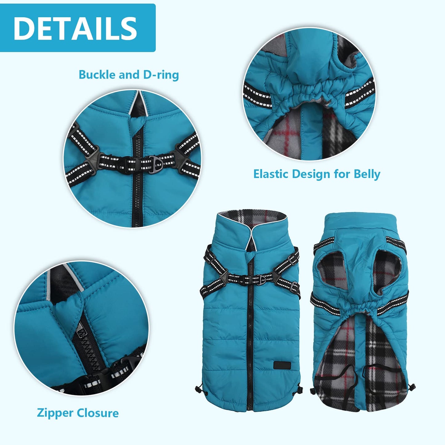 Geyecete Winter Warm Coat Waterproof Jacket with Harness Traction Belt,Pet Outdoor Jacket for Medium, Small Dogs - Blue