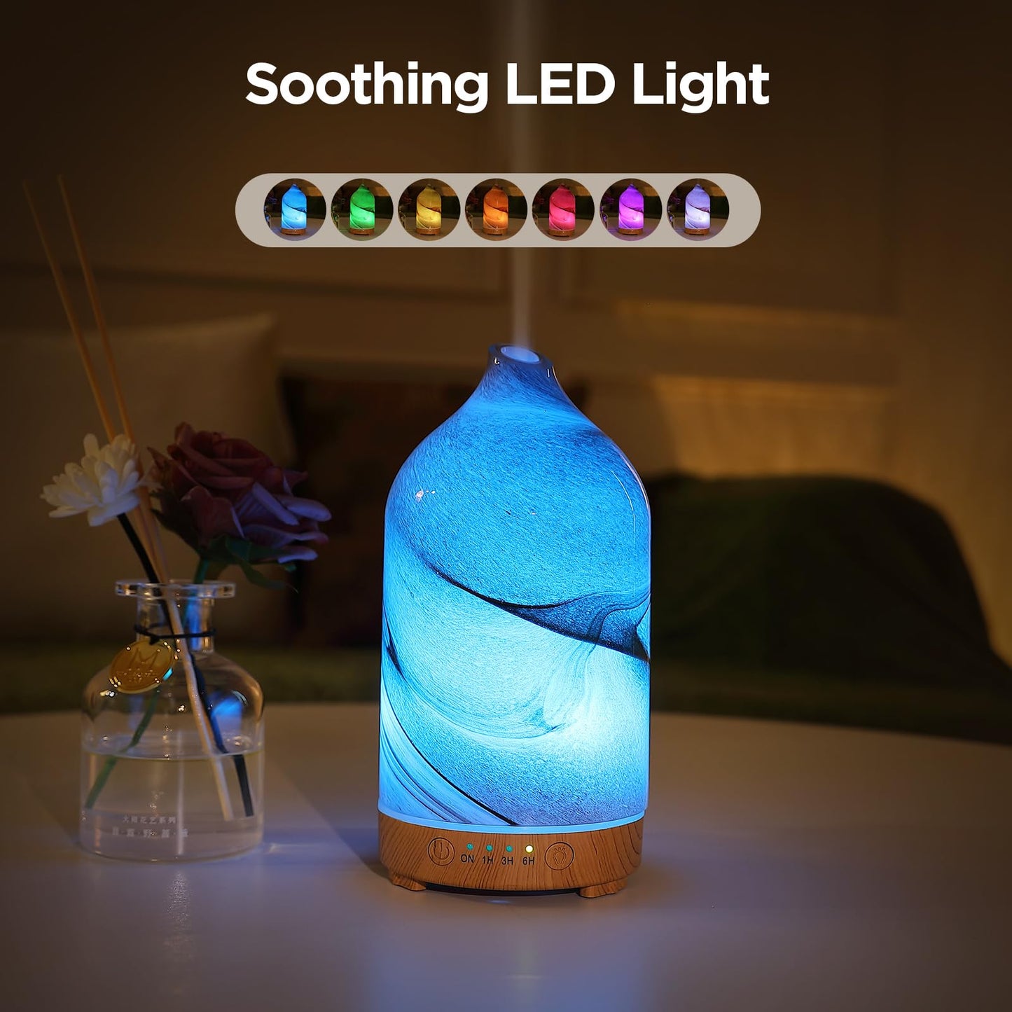 Essential Oil Diffuser Hand Blown Glass Aromatherapy Diffuser - Ultrasonic Cool Mist Scent Aroma Diffuser, Whisper Quiet with Auto Shut-Off, Timer Setting &7 Colors Night Light for Home