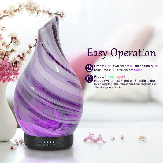 Essential Oil Diffuser 120ml Ultrasonic Aromatherapy Diffuser with Handmade Glass BPA Free Waterless Auto-Off, 4 Timer Setting 7 Colors Changed LED for Home Yoga Office