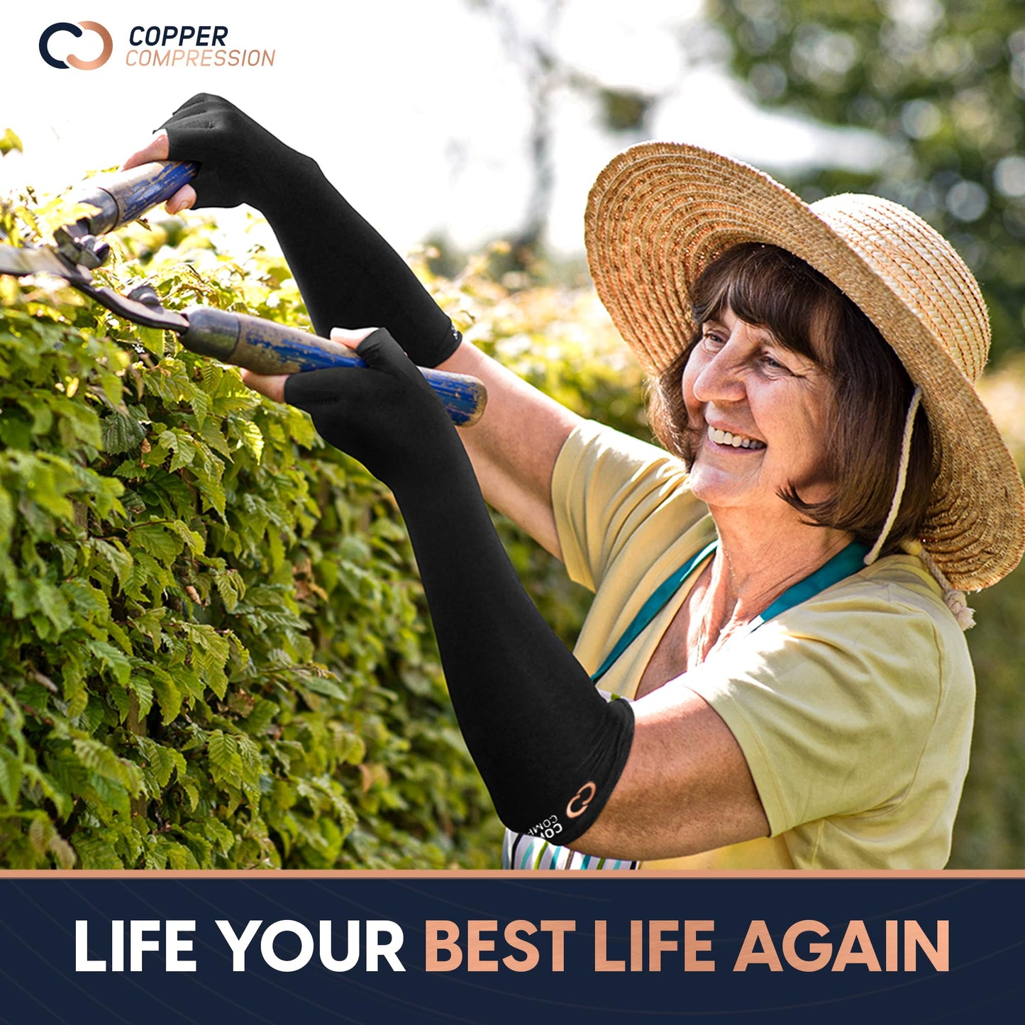 Copper Compression Long Arthritis Pain Relief Gloves - Copper Infused Orthopedic Fingerless Hand Brace for Women, Men - Carpal Tunnel, Computer Typing, RSI, Support Hands, Wrist, Arms - 1 Pair - L