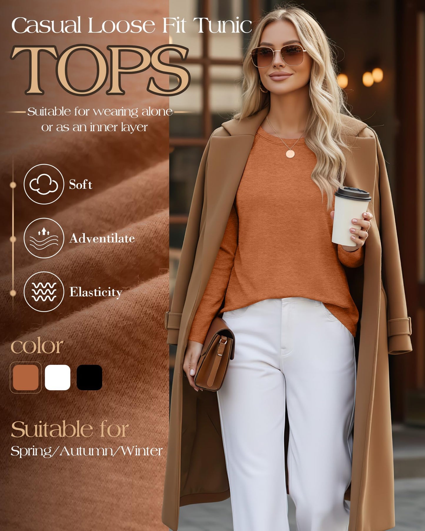 Ficerd 3 Pack Women's Long Sleeve T-Shirts Crew Neck Raglan Sleeve Casual Loose Fit Shirts Side Split Curved Hem Tunic Tops(Black, Pumpkin, White,XXL)