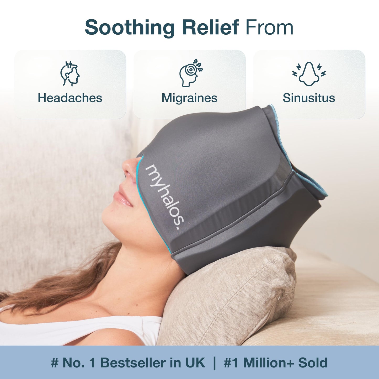 MyHalos® Migraine Relief Cap, 30% Thicker, 2X More Cooling Gel - Stays Colder for Longer, Ice Hat, Ice Pack Head Wrap, Cold Headaches & Migraine Mask - Hangover, Tension Headache Relief Cap (Gray)