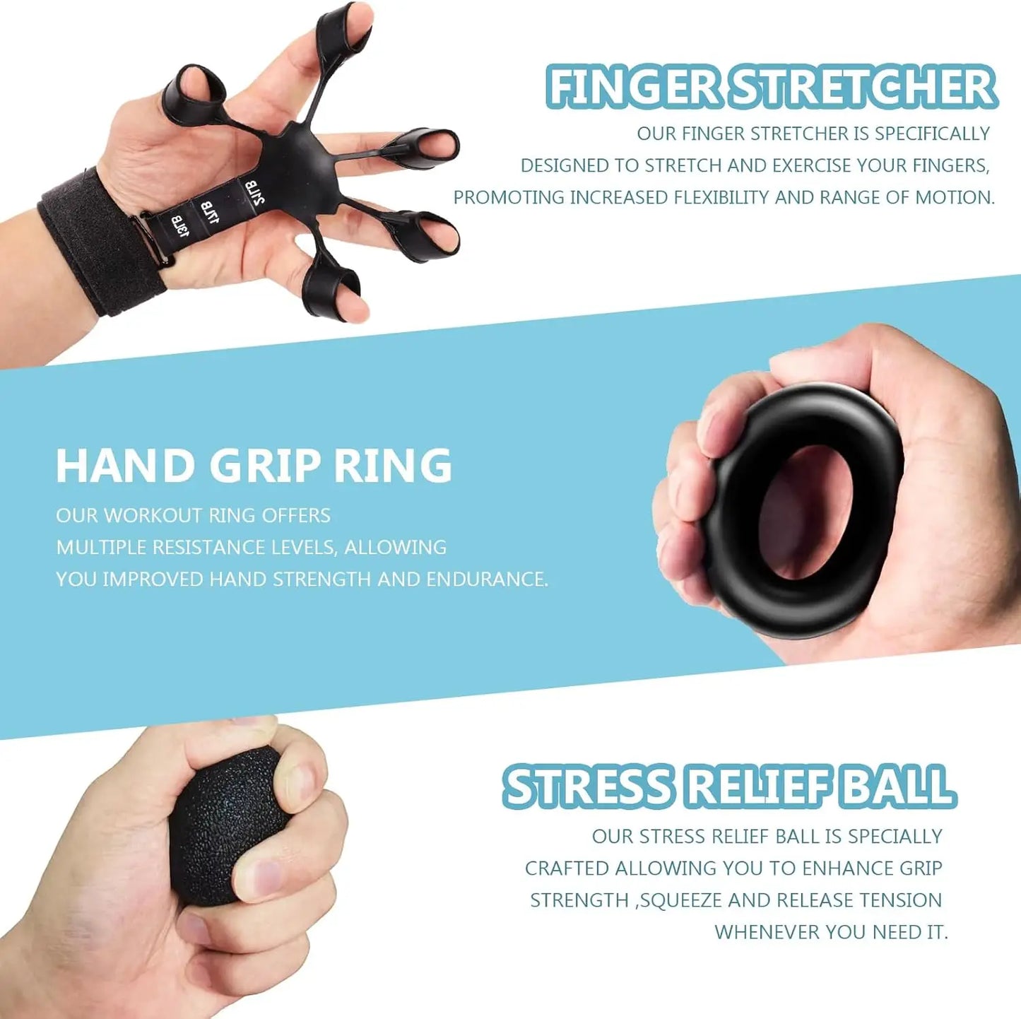 Grip Trainer Kit: Adjustable Hand Gripper, Finger/Hand Exercisers, Stress Ball, Forearm Ring, Muscle Build/Injury Recovery