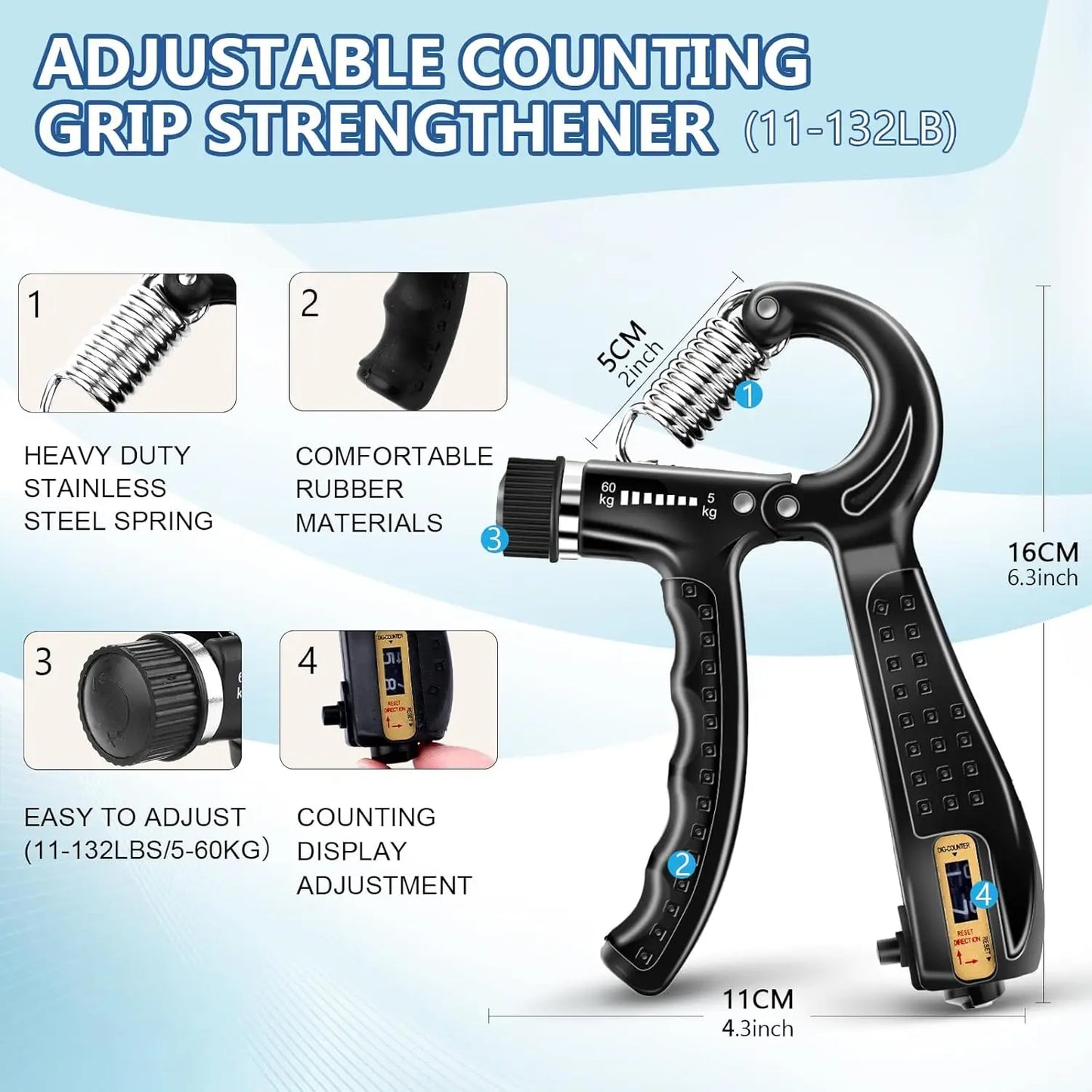 Grip Trainer Kit: Adjustable Hand Gripper, Finger/Hand Exercisers, Stress Ball, Forearm Ring, Muscle Build/Injury Recovery