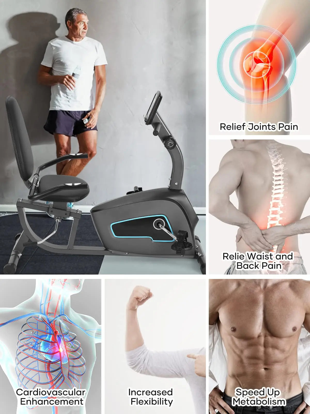 Recumbent Exercise Bike, Quiet 8 Levels, Heart Rate Handle