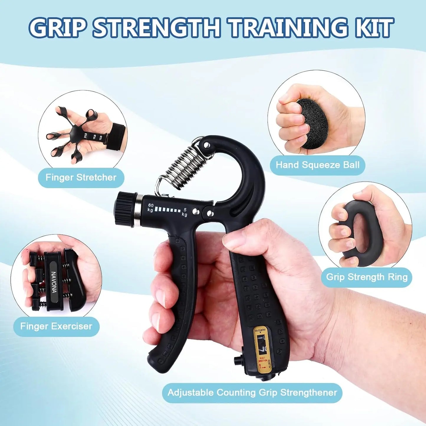 Grip Trainer Kit: Adjustable Hand Gripper, Finger/Hand Exercisers, Stress Ball, Forearm Ring, Muscle Build/Injury Recovery