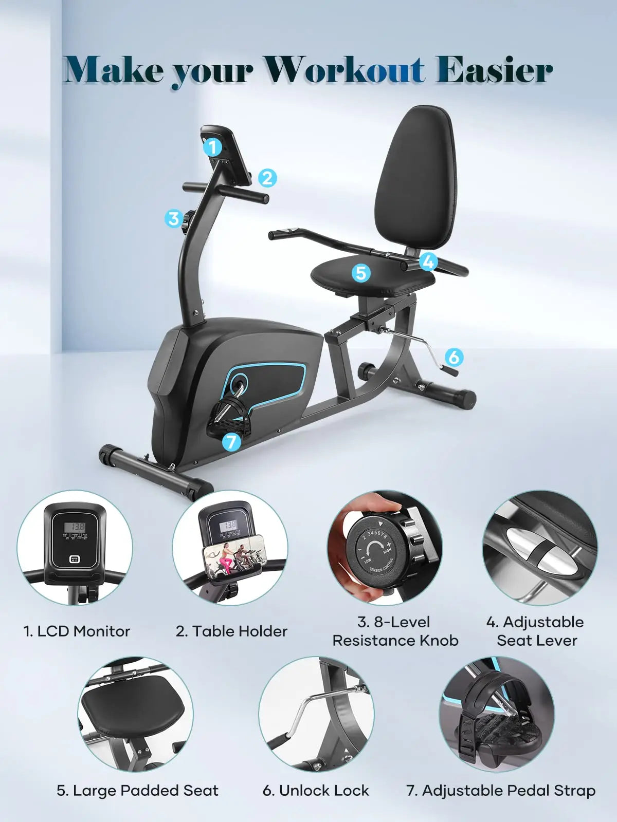 Recumbent Exercise Bike, Quiet 8 Levels, Heart Rate Handle