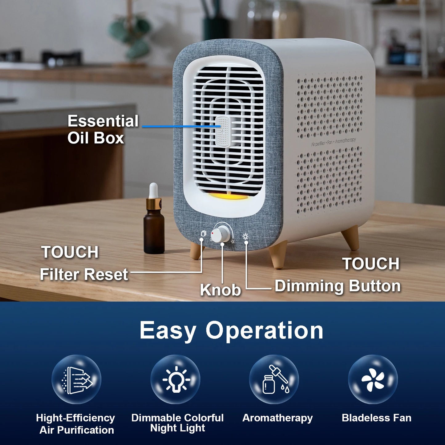 Air Purifier, Home 780sq ft, HEPA & Activated Carbon, Air Cleaner, Fragrance Sponge, Nightlight