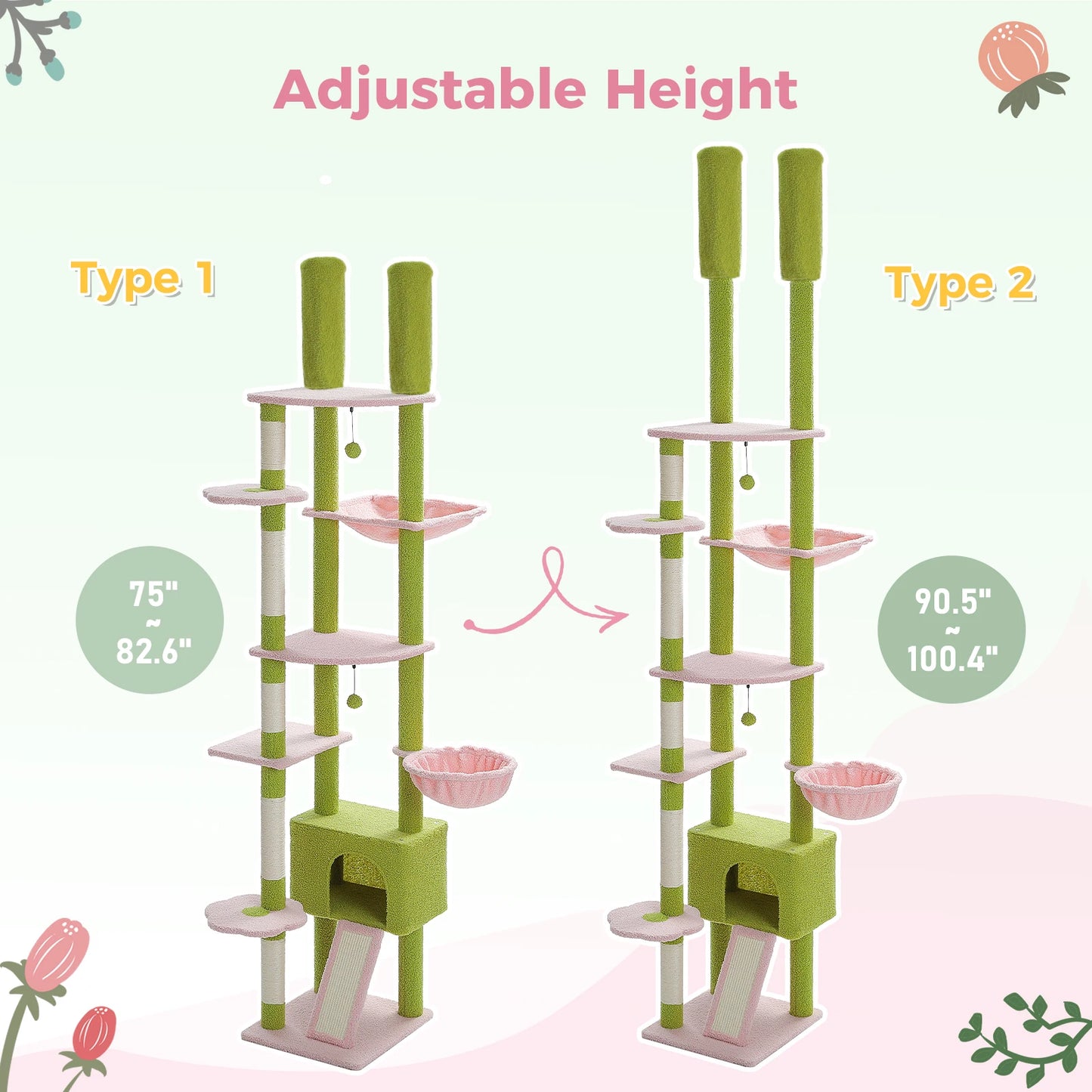 Cactus Cat Tree, Floor/Ceiling Tower, Adjustable Height, Condo Cozy Hammock, Scratching Post