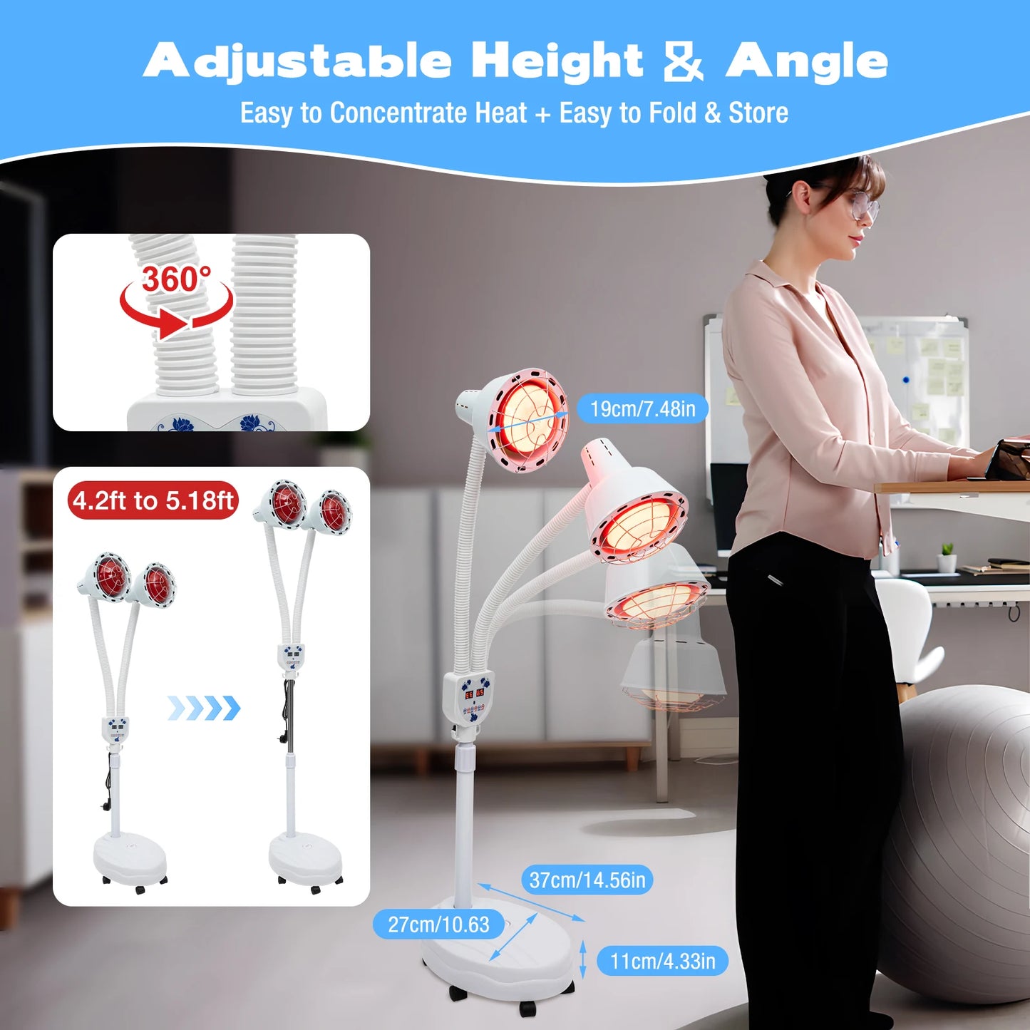 Double head Electric Infrared Therapy Lamp, 360°, Adjustable, Temperature Heat Lamp, 6 Universal Wheels