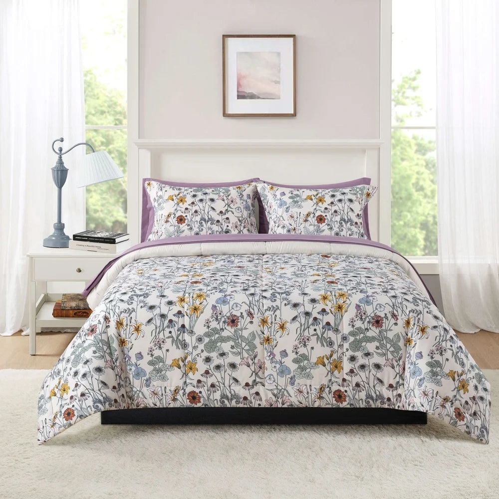 7-Piece Reversible Comforter Set, Floral Print Sheets, Soft Polyester King Bedding Includes Pillowcases, Shams, Storage Bag