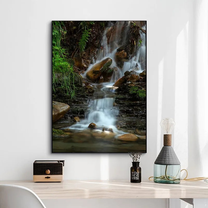Waterfall Landscape Canvas Print, Forest Rock Nature Serenity Wall Art, Sunlight Peaceful Tranquil Scenery