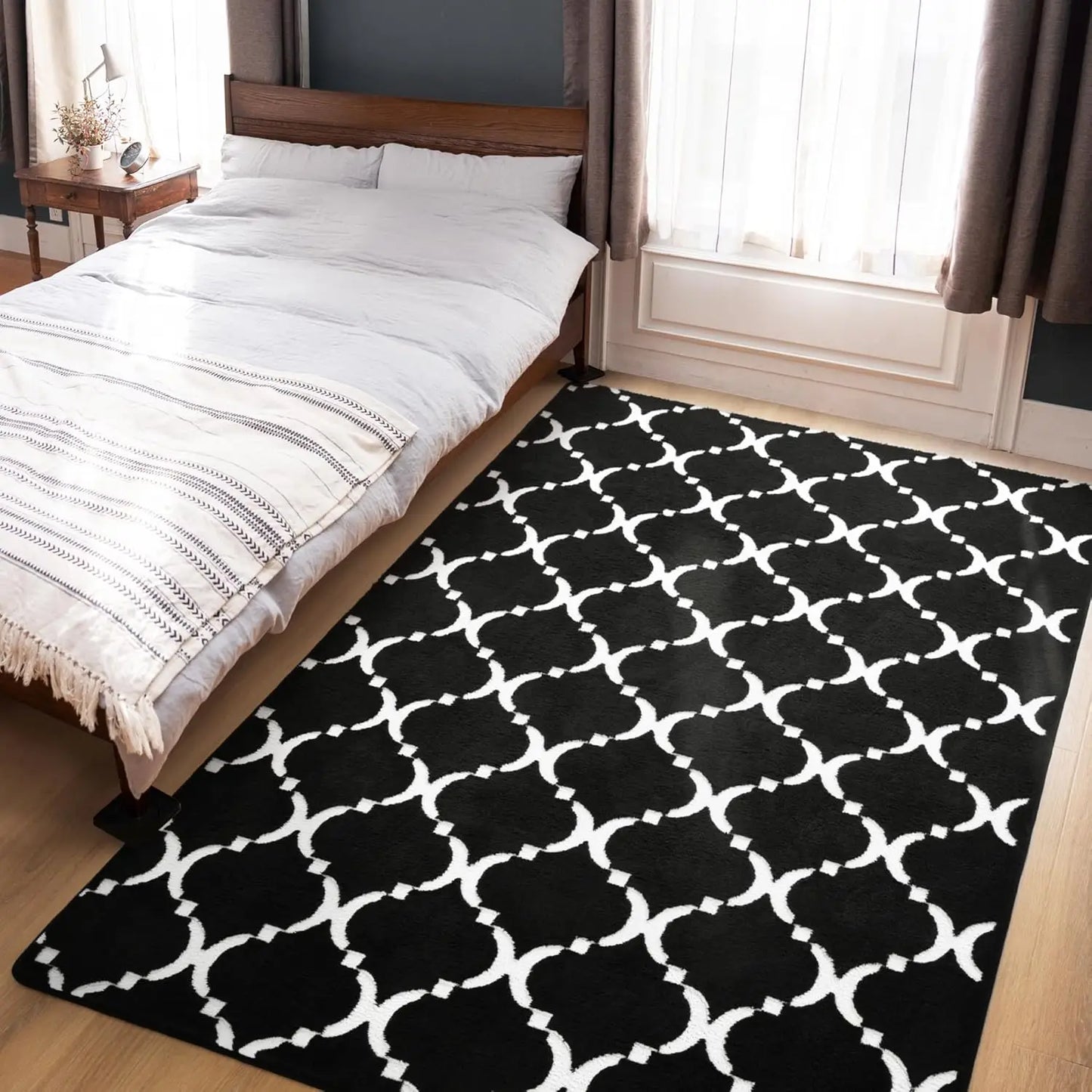 Large Shag Area Rug, Memory Foam, Living Room/Bedroom, Black Plush Geometric