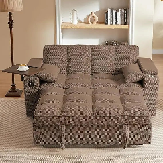 65'' 3-in-1 Folding Convertible Queen Size Pullout Sofa Bed, Modern Chenille Fabric, 360° Swivel Side Table