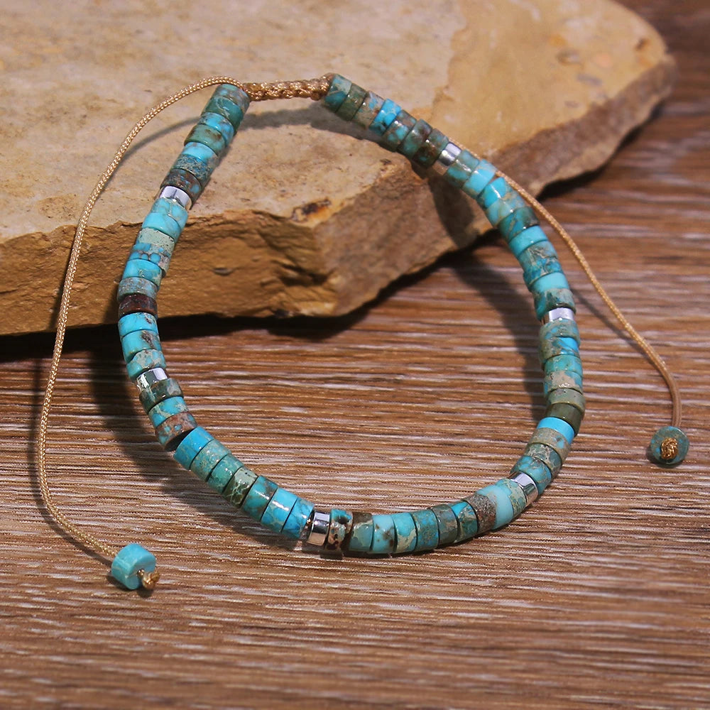 Natural Turquoise Stone Beads, Woven Bracelet, Adjustable Rope