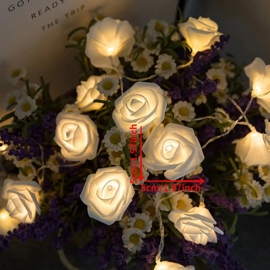 LED Flower String Lights, Artificial Rose Bouquet, Romantic Lamp, Fairy Light Garland