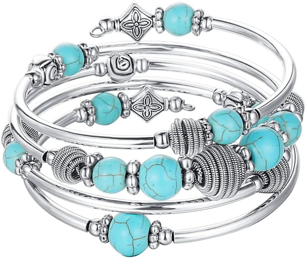Beaded Chakra Bangle Turquoise Bracelet , Thick Silver Metal and Mala Beads