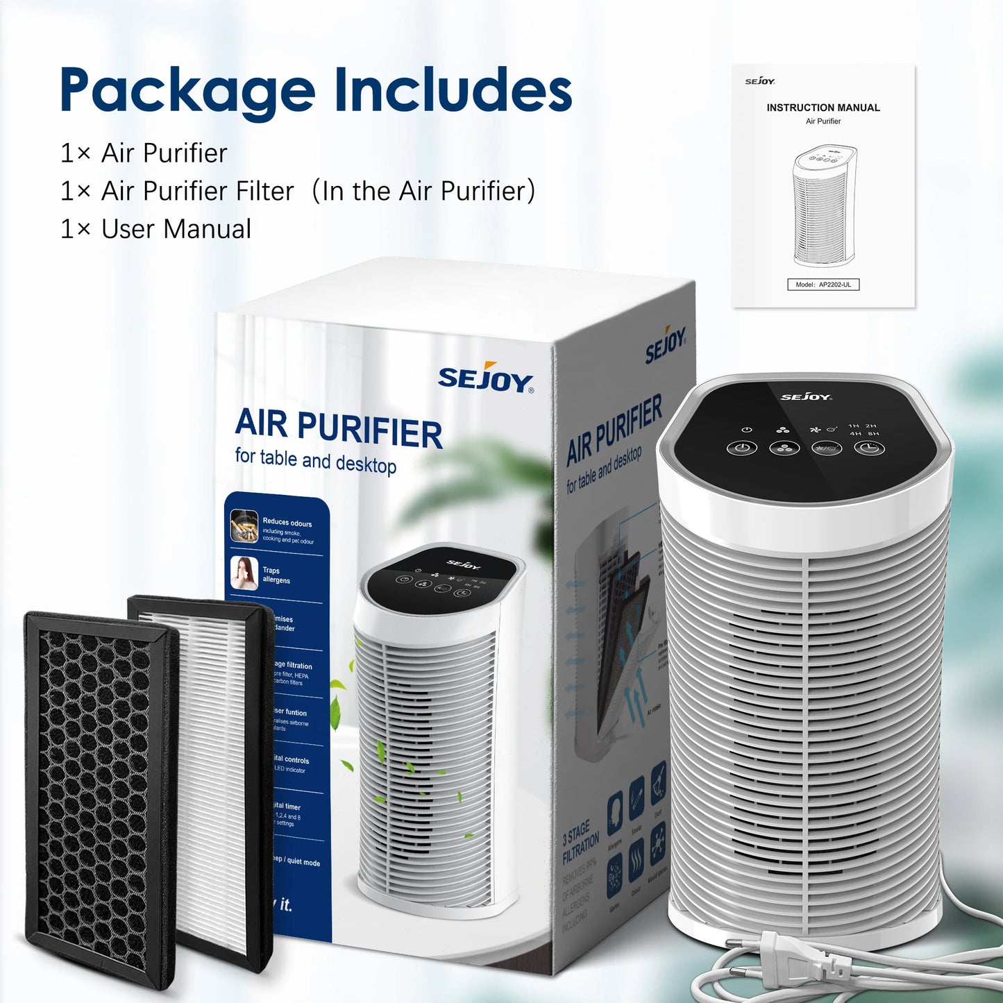 Air Purifier, HEPA Filter, Indoor, 99.9% Removal With Ionizer, Quiet 3 Speeds