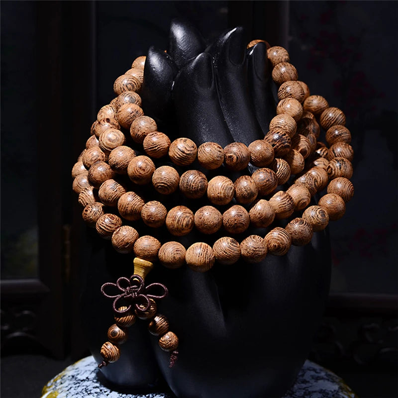 Multilayer 108 Wood Beads, Lotus Bracelet, Tibetan Buddhist Mala, Charm Rosary Bracelet