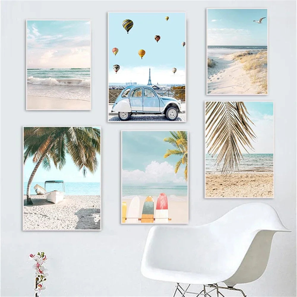 Summer Sea Beach, Coconut Tree, Surfboard Posters And Prints, Seagull Swan Wall Art, Canvas Painting