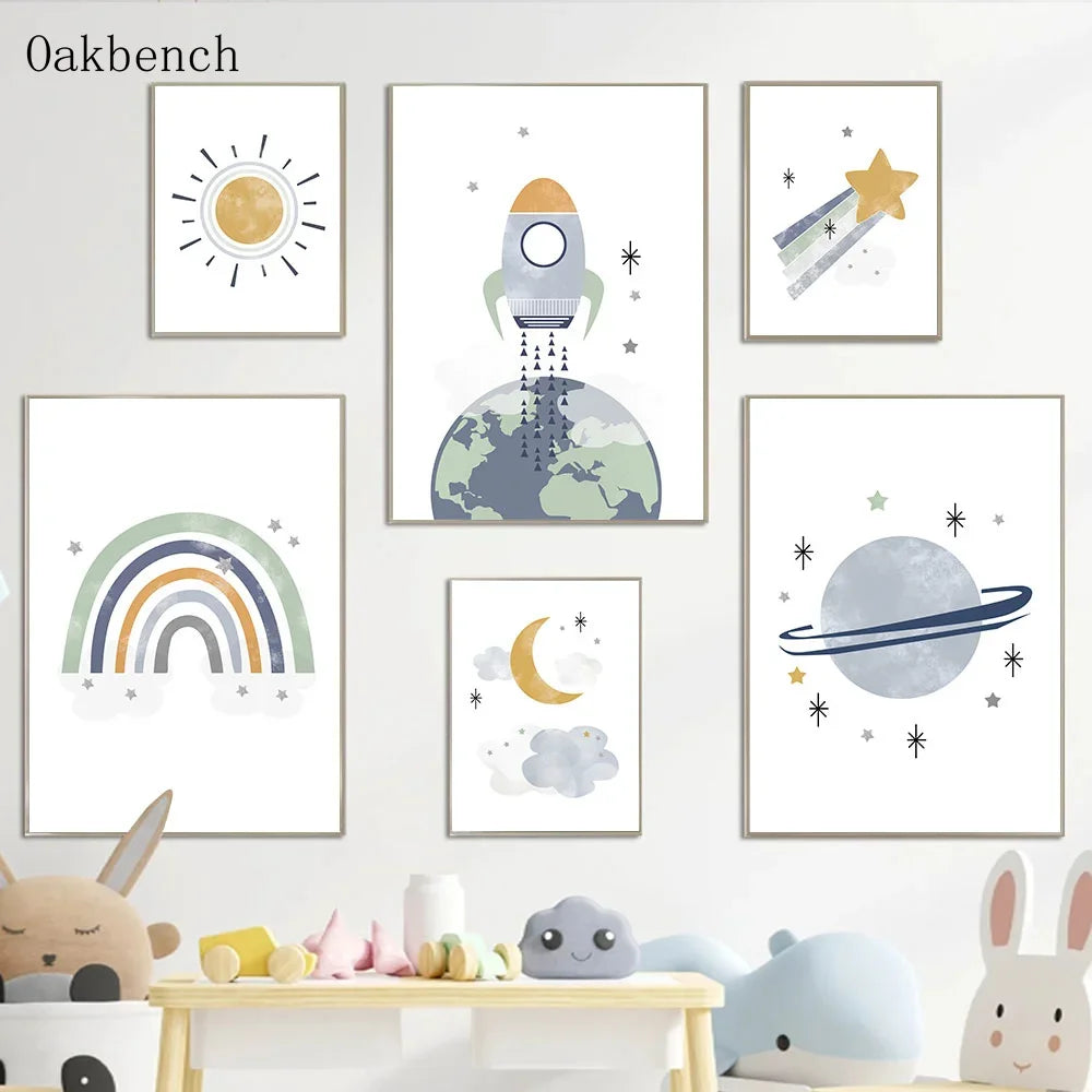Blue Planet Art Painting, Spaceship, Star Moon Wall Pictures, Rainbow Nursery Wall Posters