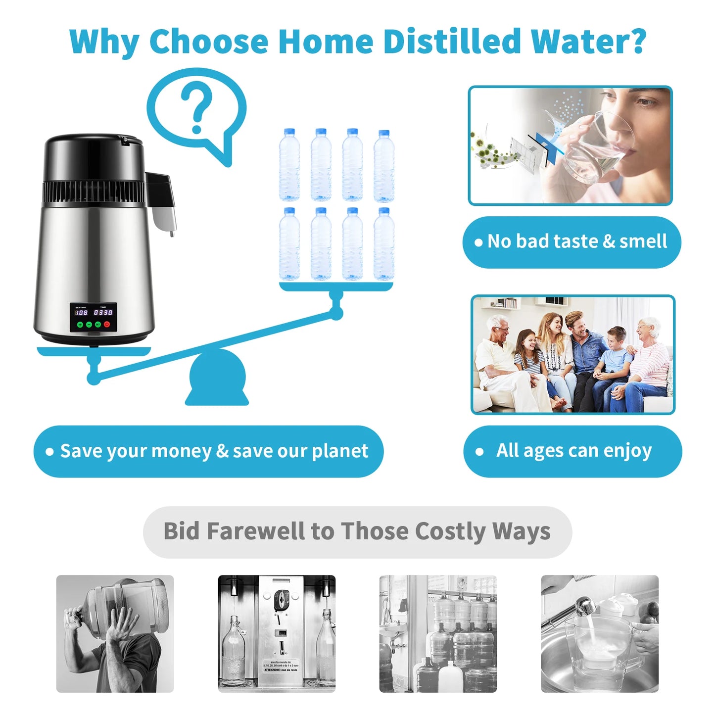4L Water Distiller Purifier Filter, Drinking Bottle Softener, Touch Screen, Home Appliance