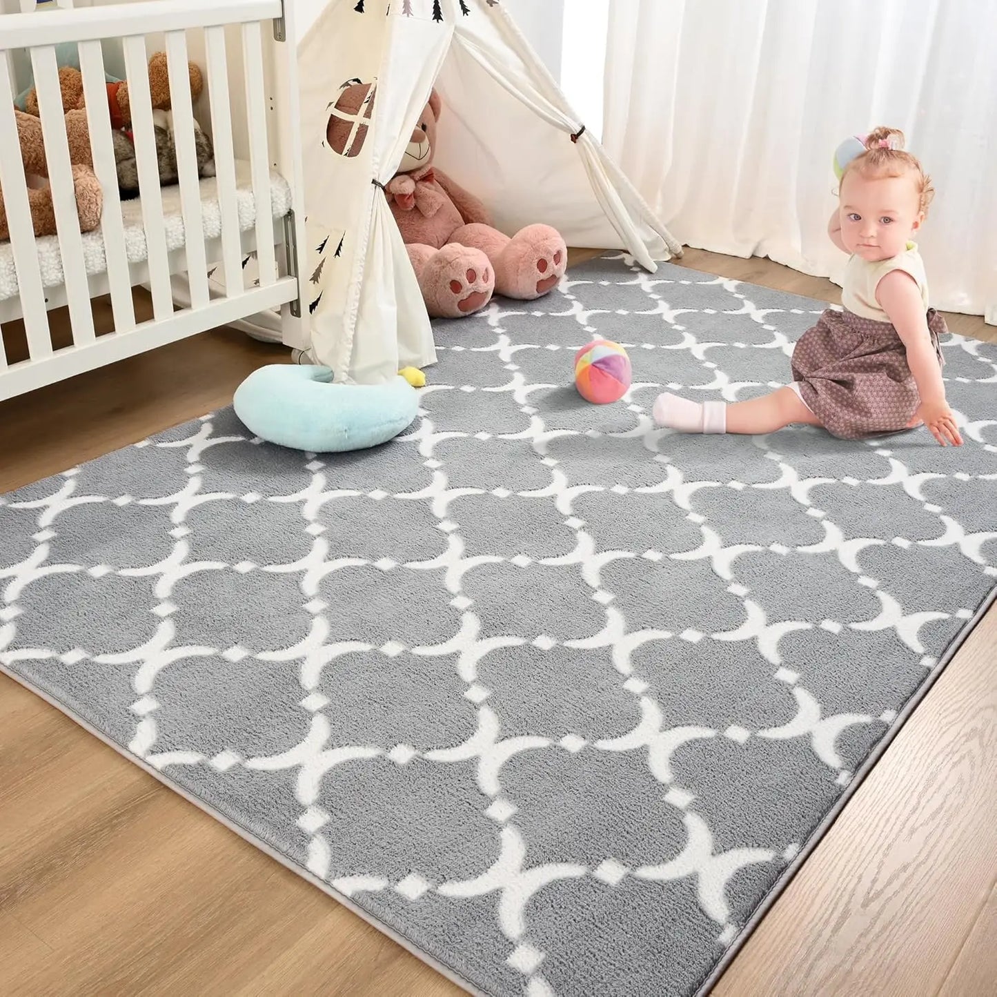 Large Shag Area Rug, Memory Foam, Living Room/Bedroom, Black Plush Geometric