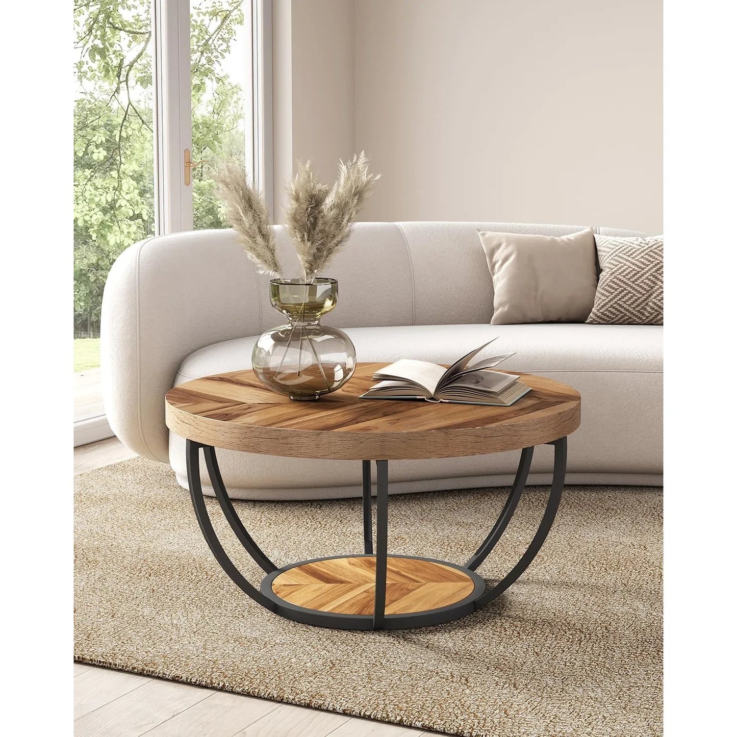 32" Circle Marble Coffee Table, 2-Tier Golden Metal Legs Accent Center Table