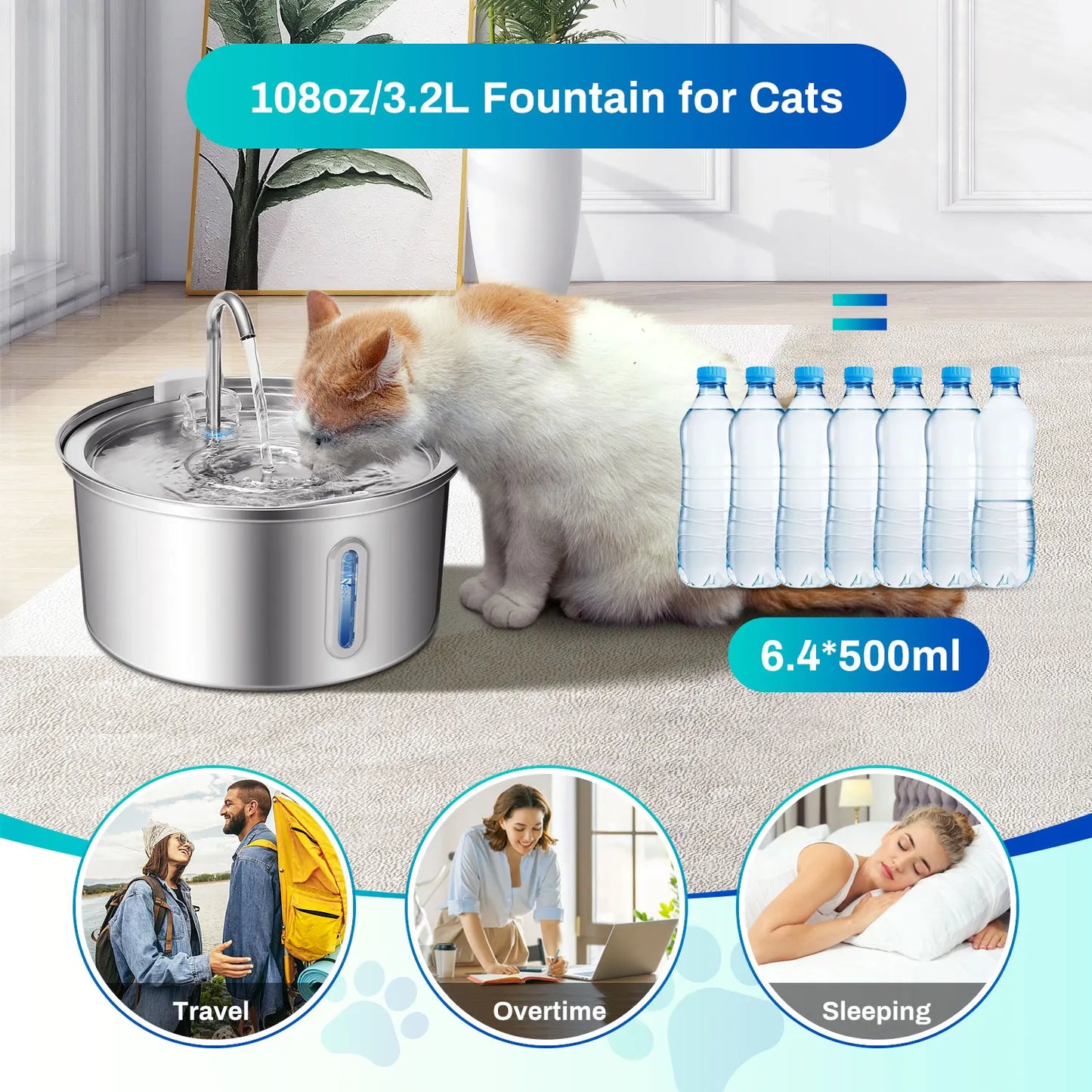 Water Fountain Stainless Steel, 108oz/3.2L, Ultra Quiet Pump, Filtration System, Water Level Window