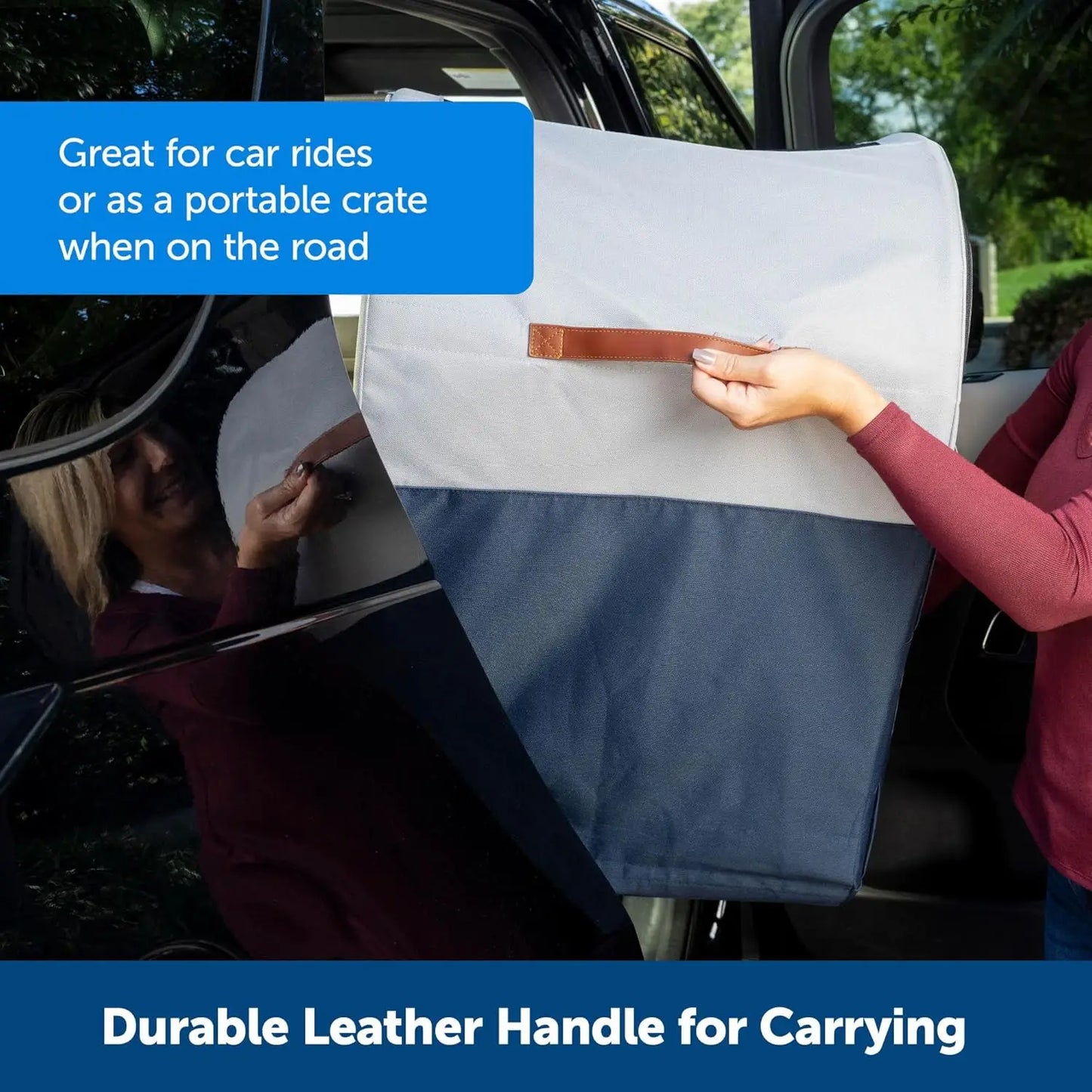 Portable Pet Crate for Car, Folds Down for Storage, Secures with Headrest Strap and Seatbelt,