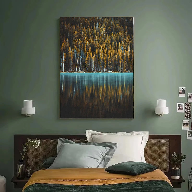 Beautiful Dark Green Forest, Foggy Mountain Landscape, Nature Scenery Poster, Canvas Painting Wall Art Pictures