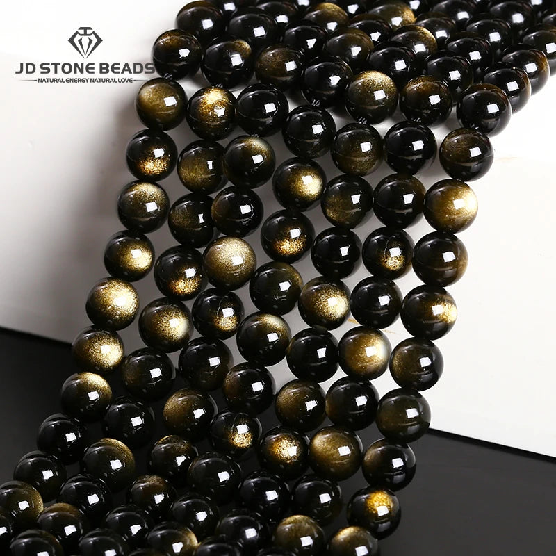 Natural Stone, Golden Black Obsidian Bead, Shinny Round Loose Gemstone, Jewelry Making