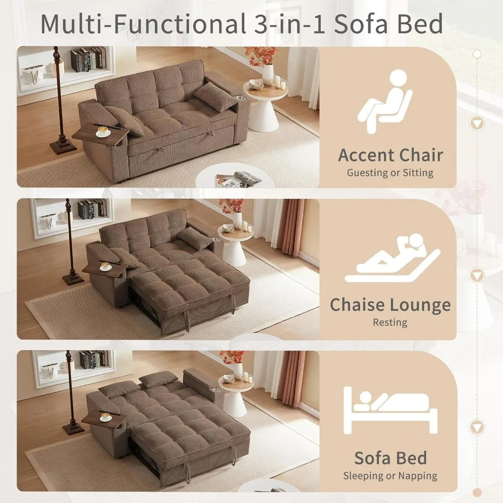 65'' 3-in-1 Folding Convertible Queen Size Pullout Sofa Bed, Modern Chenille Fabric, 360° Swivel Side Table