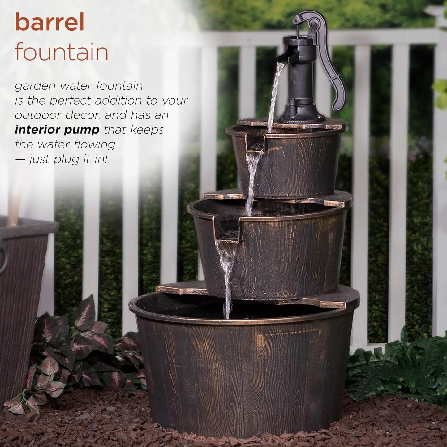 Outdoor Floor Tiered Rustic Pump And Barrel Water Fountain, Old-Fashioned Waterfall, 40", Brown