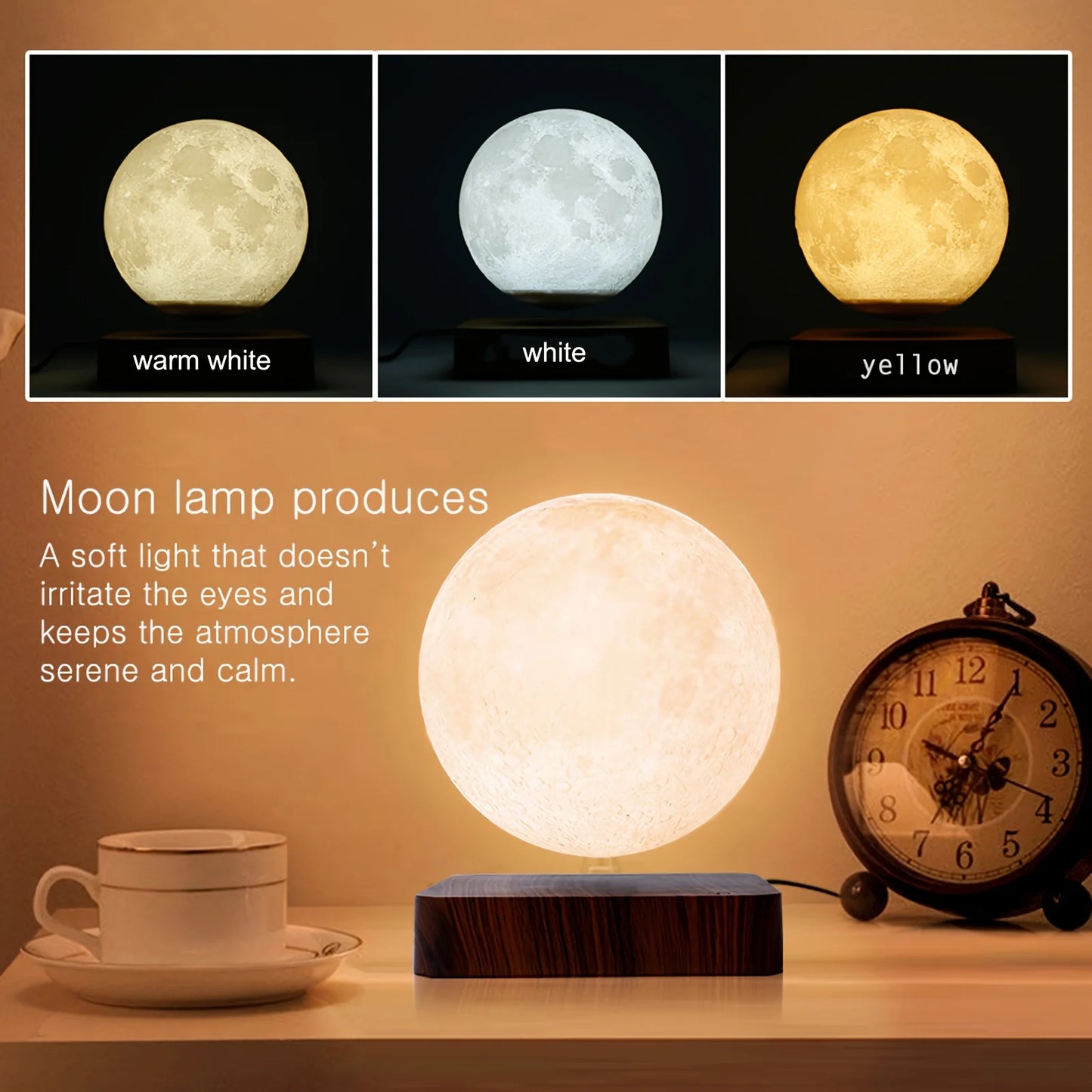 Magnetic Floating Rotating Moon Lamp, Wooden Base, 3 Color Temperature LED Night Lights