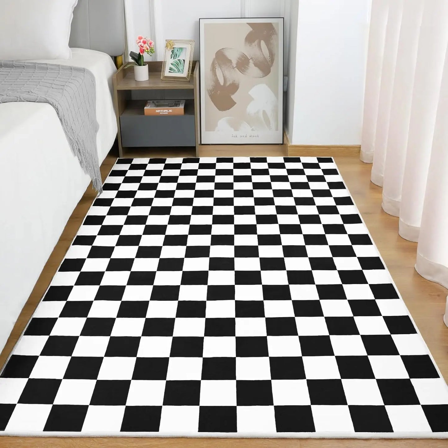 Black and White Checkered Rug for Living Room, Bedroom, Washable, Non Slip, Stain Resistance