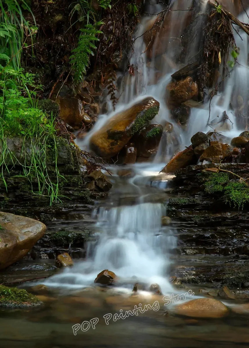 Waterfall Landscape Canvas Print, Forest Rock Nature Serenity Wall Art, Sunlight Peaceful Tranquil Scenery