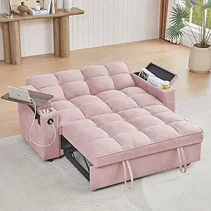 65'' 3-in-1 Folding Convertible Queen Size Pullout Sofa Bed, Modern Chenille Fabric, 360° Swivel Side Table