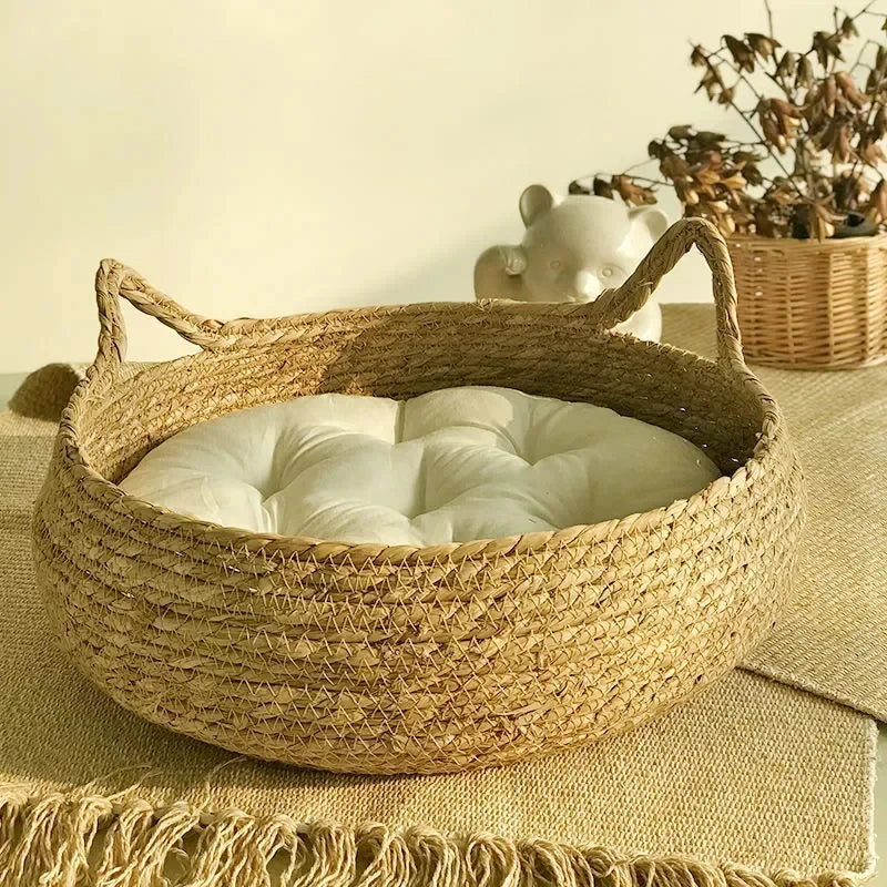 Pure Hand-Woven Rattan Cat Nest, Universal Warm Pad, Removable, Washable