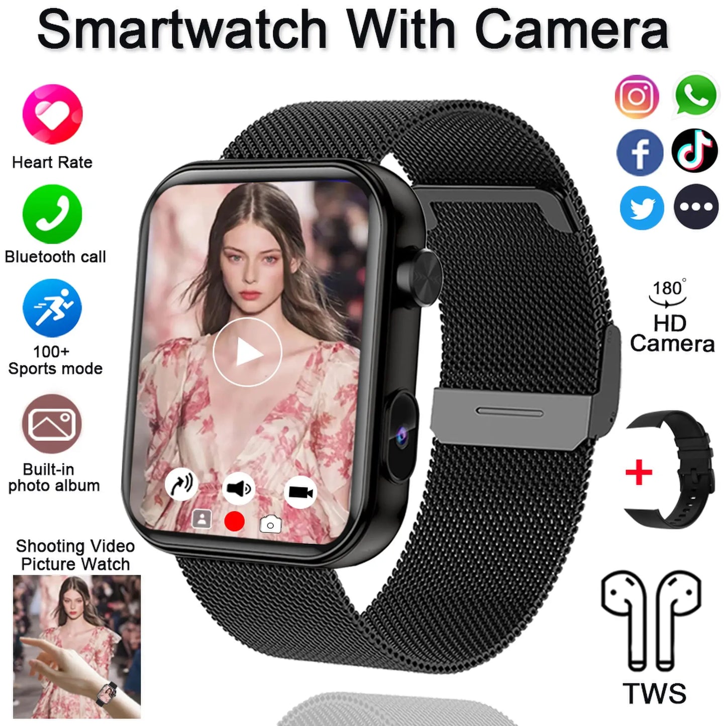 Smart Watch Women/Men, Camera, Heart Rate, Sports Fitness, Waterproof, Bluetooth For Android iOS