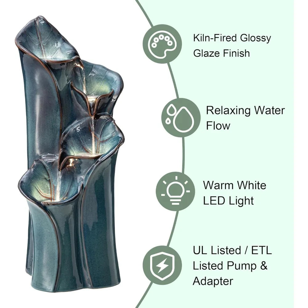 Outdoor Fountain With LED Lights, Water Pump, 4-storey Ceramic Floor, Waterfall Courtyard Vase