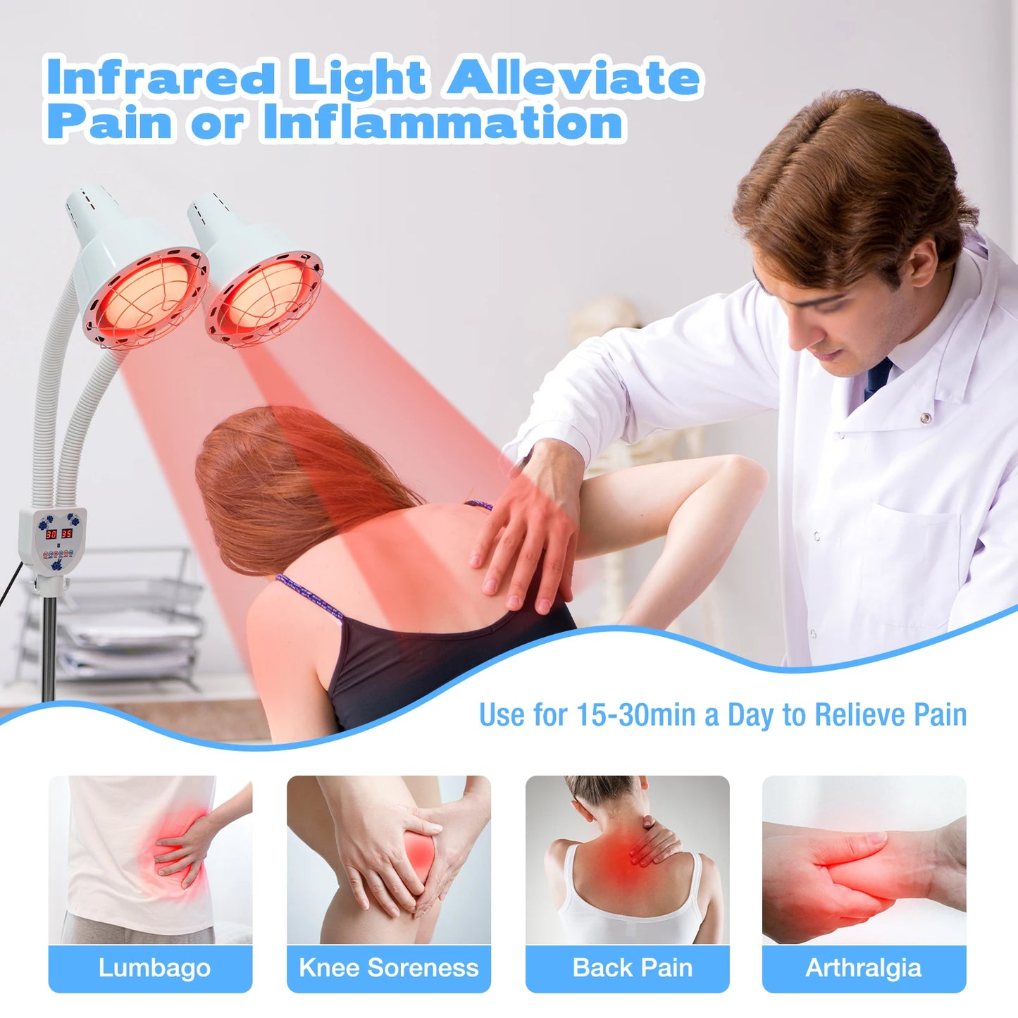 Double head Electric Infrared Therapy Lamp, 360°, Adjustable, Temperature Heat Lamp, 6 Universal Wheels
