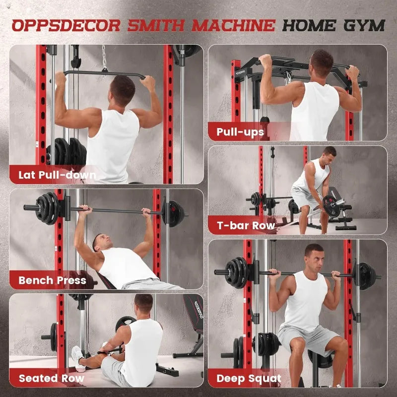 Smith Machine Power Rack, All-in-One Power Cage, Squat, LAT Pulldown, Cable Machine