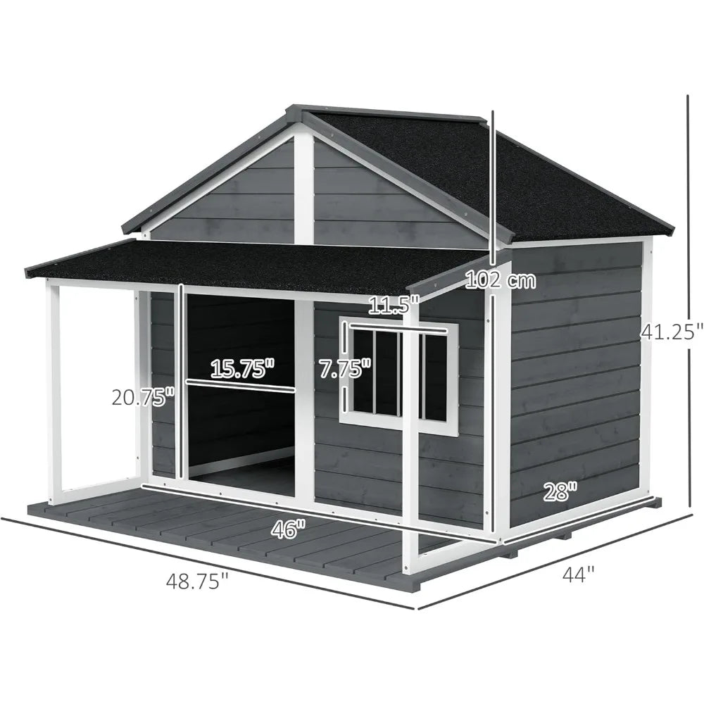 Outdoor Dog House Cabin Style, Wooden Raised Pet Kennel with Asphalt Roof, Front Door, Side Window, Porch for Medium and Large Dogs