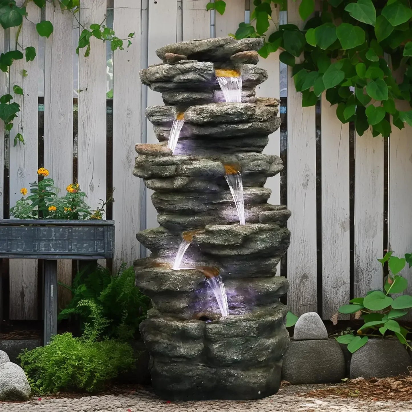 40" High 6-Tiers Cascading Rock Outdoor Water Fountain with LED Lights