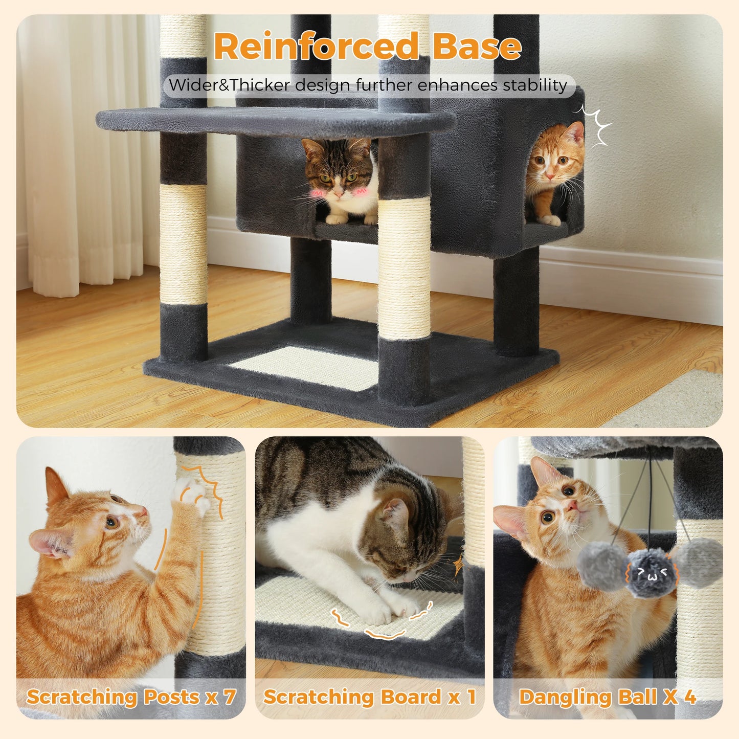 Tree Tower for Indoor Cats, Sisal-Covered Scratching Posts, Spacious Hammock, Padded Perches