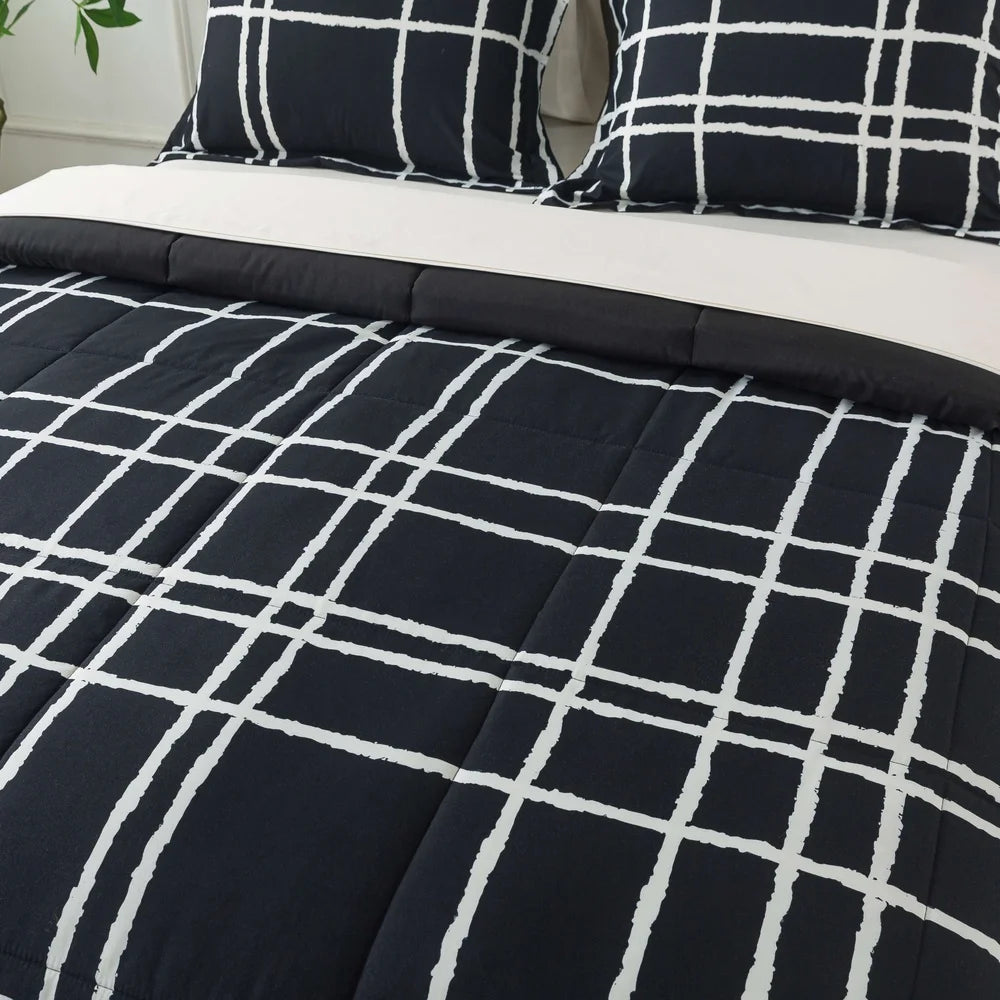 7-Piece Full Reversible Comforter Set, Sheets, Pillowcases, Shams, Storage Bag, Soft Polyester Bedding, Black White Checker
