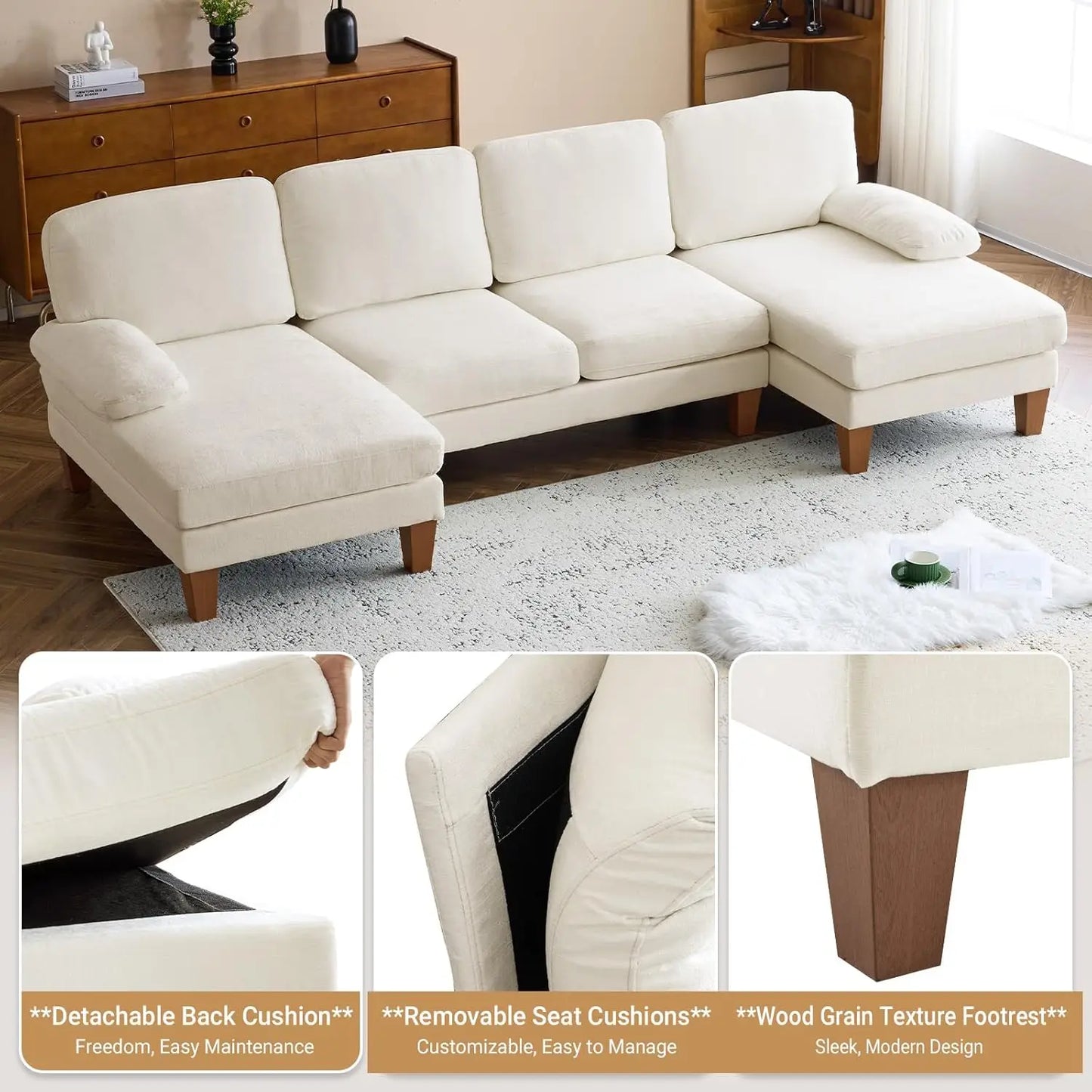 110" Sectional Couches for Living Room U Shaped with Double Chaise 4-Seat Sofa Chenille Fabric