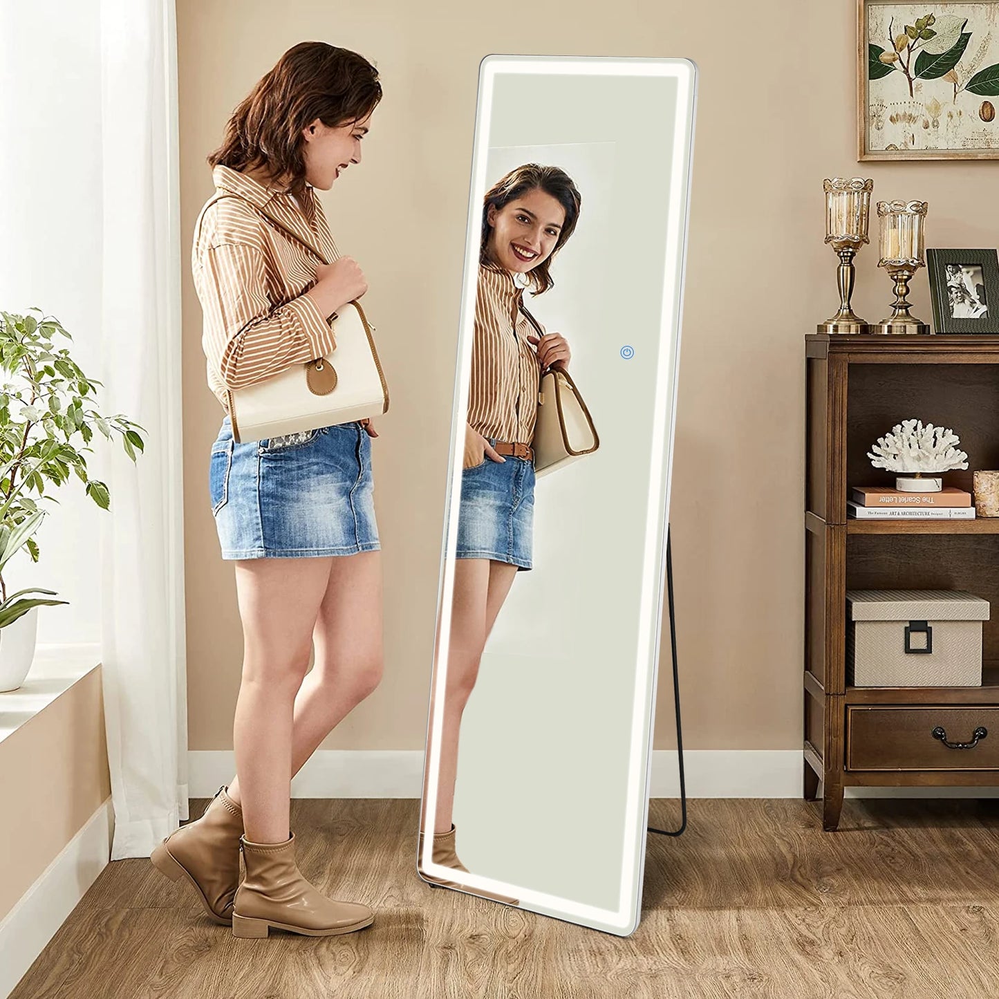 Led 64"x21" Full Length Mirror Standing Hanging or Wall-Mounted Aluminum Alloy Frame