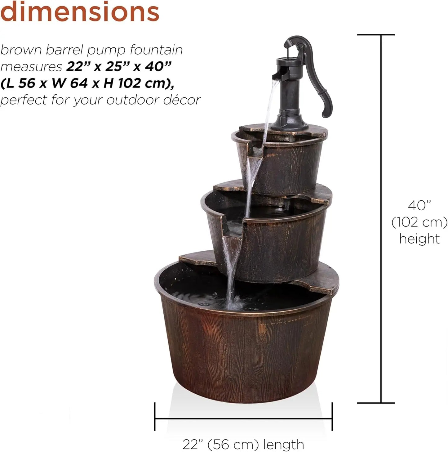 Outdoor Floor Tiered Rustic Pump And Barrel Water Fountain, Old-Fashioned Waterfall, 40", Brown